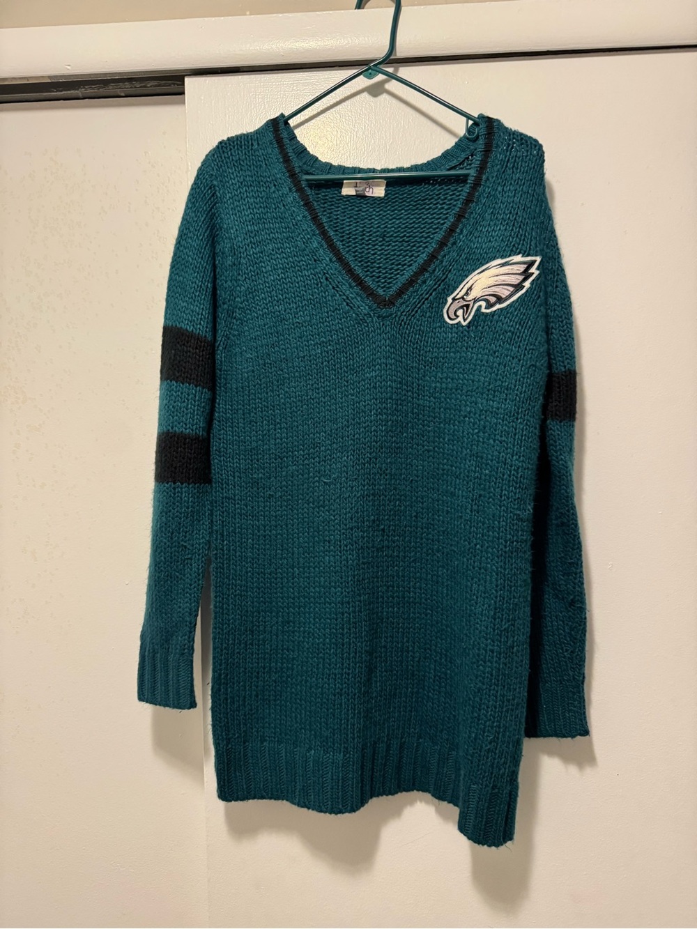 V-Neck Teal Knit Sweater with Patch Detail